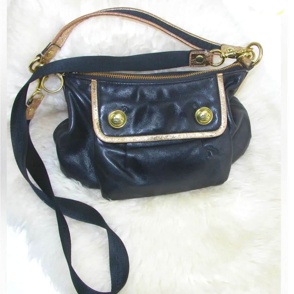 Vintage Coach Crossbody Black With Gold Trim Purple Lining Nice Condition Clean
